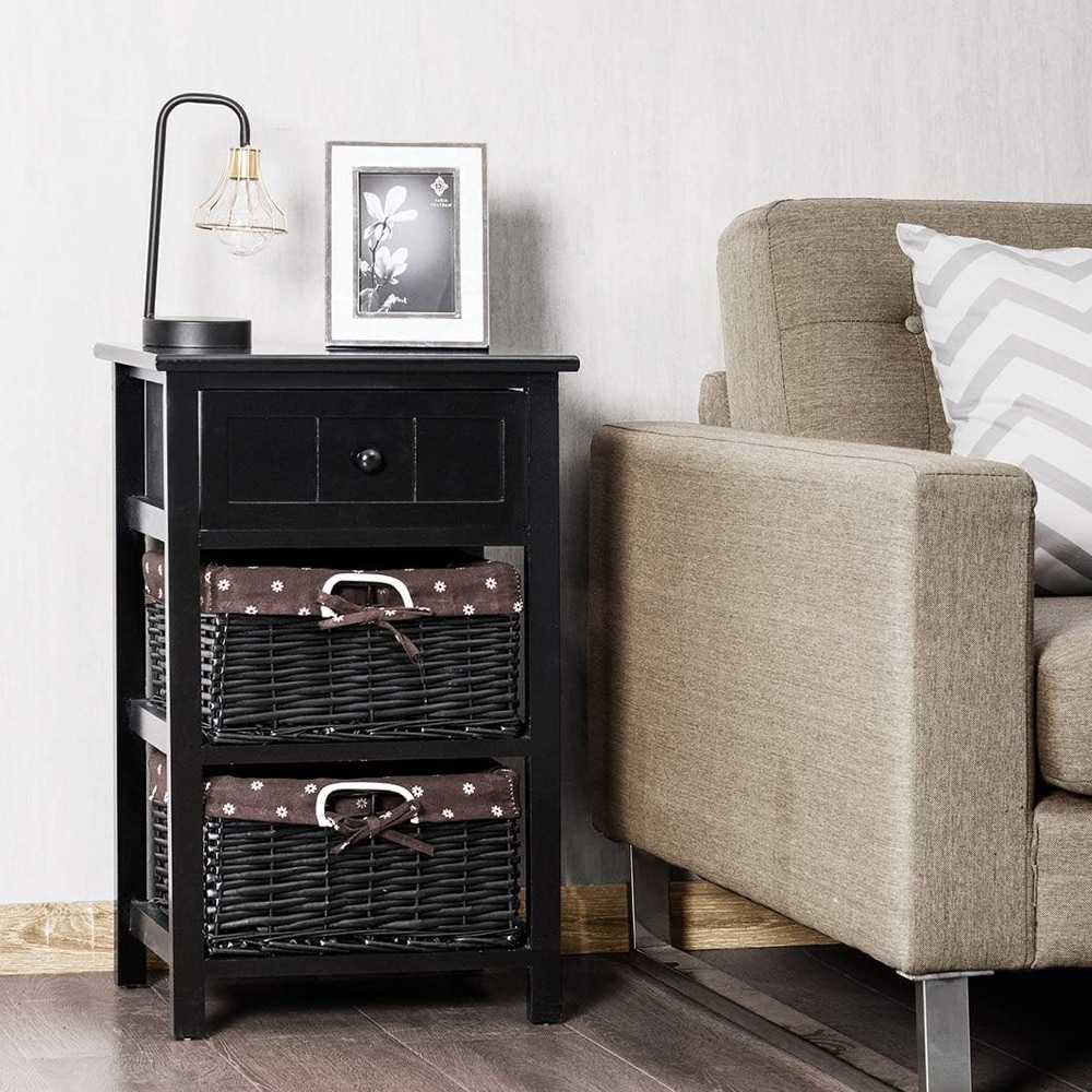 3 Tiers Wooden Storage Nightstand With 2 Baskets And 1 Drawer_voghion.com